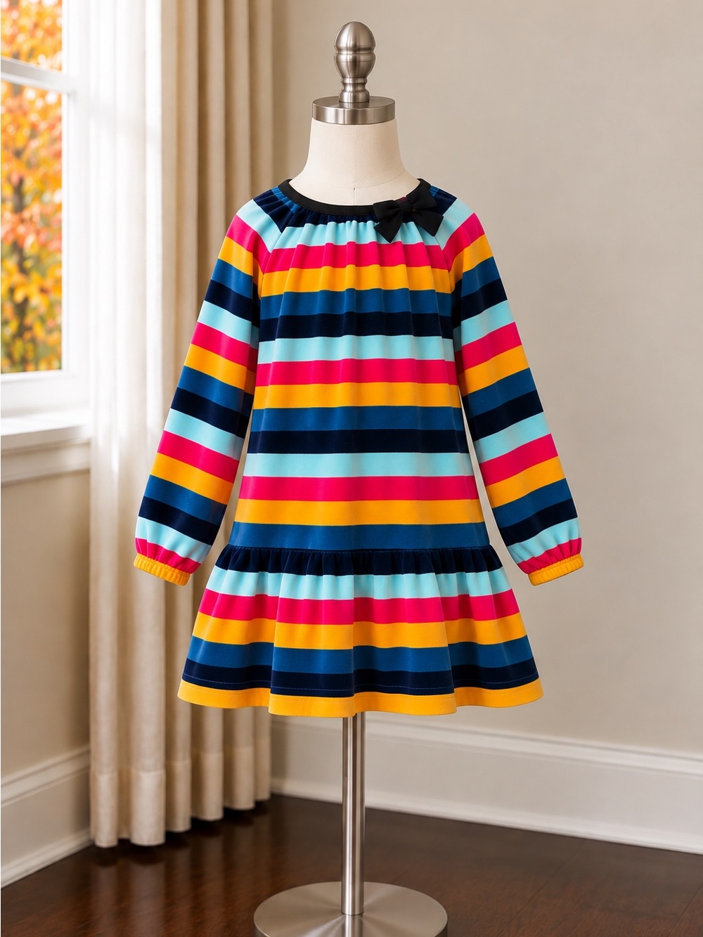 Polarn O. Pyret Velour Navy, Orange, Pink and Aqua Striped Long-Sleeve Dress